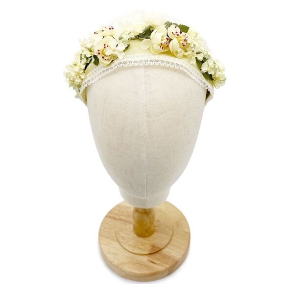 Vintage 1950s Auerbach’s Floral Headband Hat Ivory Lemon Yellow Flowers NEW NOS - Picture 4 of 13